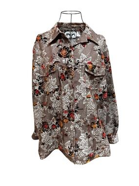 KEREN hart Taupe Shirt with Red & Orange Floral Accents
